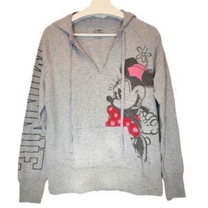 DISNEY PARKS Minnie Mouse Graphic Hoodie Top Grey Cotton Women Large V Neck Soft